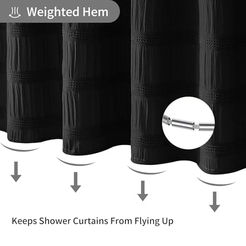 Lameirose Black Shower Curtain Boho, Cotton Blend Waffle Shower Curtain Chic Textured Fabric Shower Curtains for Bathroom, 72 x 72 - Thumbnail 6
