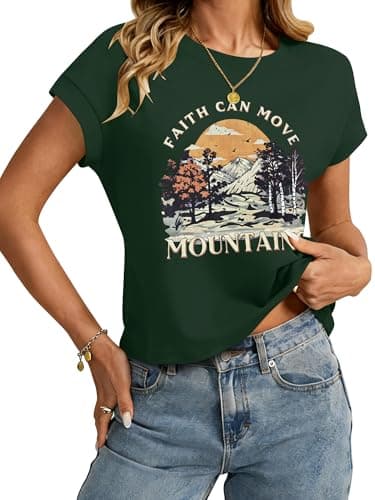 TAKEYAL Faith Can Move Mountain Graphic Tees for Women Green Vintage Printed T-Shirt Large H Green - Image 1