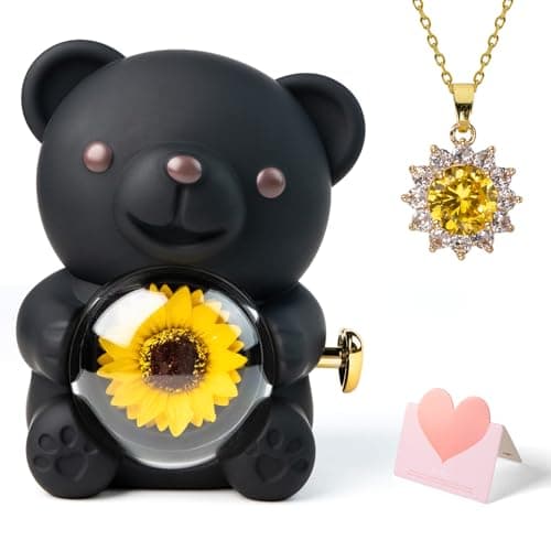 mountova Gifts for Women Birthday Mothers Day, Lucky Sunflower Bear with Necklace & Gift Box for Mom Daughter Sister, Anniversary Wedding Gift for Wife Girlfriend, Surprise Jewelry Box, Black - Image 1