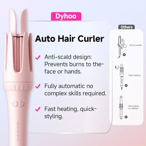 Dyhoo Auto Curling Iron 1.25 Inch, Rotating Hair Curler for Beach Waves, AutomaticHair Curler with Anti-Scald & Anti-Tangle, Ceramic Curling Wand for Long Hair, Dual Voltage, Pink - Thumbnail 6