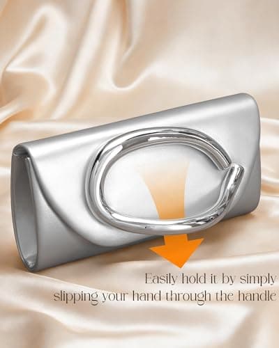 XquiziFit Evening Bag Formal Clutch Purses for Women Metal Handle Evening Clutch Women's Evening Handbags with Detachable Chain PU Leather Silver - Thumbnail 6
