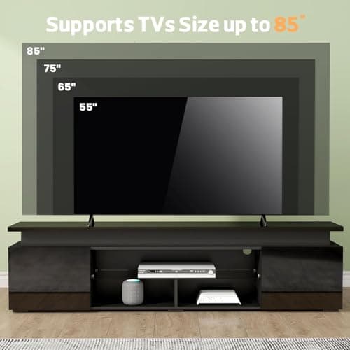 Lamtor TV-Stand for 85 Inch TV - Led TV Stand with Power Outlet, Modern Entertainment Center with Glass Shelf, High Glossy Gaming TV Media Console for Living Room, Black - Thumbnail 3