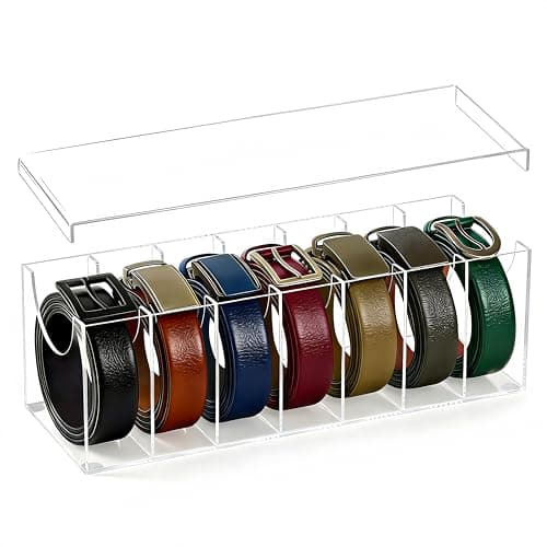 Belt Organizer, Acrylic Belt Storage Holder for Closet Drawer with 7 Compartments, Belt Holder Organizer with Dust Cover Box Holder, Clear Belts Display Case for Watch, Jewelry, Socks - Image 1