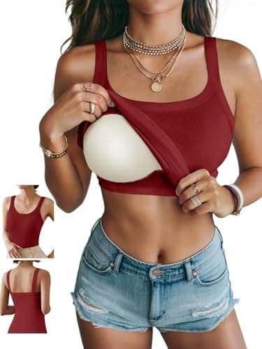 Ninee Women's Tank Top with Built in Bra Ribbed Camisole Summer Scoop Neck Spaghetti Strap Basic Cami Tanks (Wine Red,Large) - Image 1