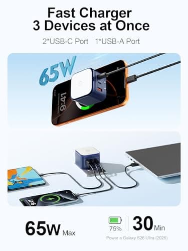 65W GaN USB-C Wall Charger with Touch-Control Night Light, 3-Port Fast Charging Power Adapter (2 USB-C + 1 USB-A), Foldable Plug, PPS Support （Blue） - Thumbnail 2