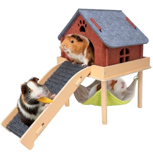 BESNEW 3 in 1 Enlarged Guinea Pig Hammock,Wooden Guinea Pig Hideout with House & Platform & Stairs Small Animal Toys for Hiding Sleeping Activities