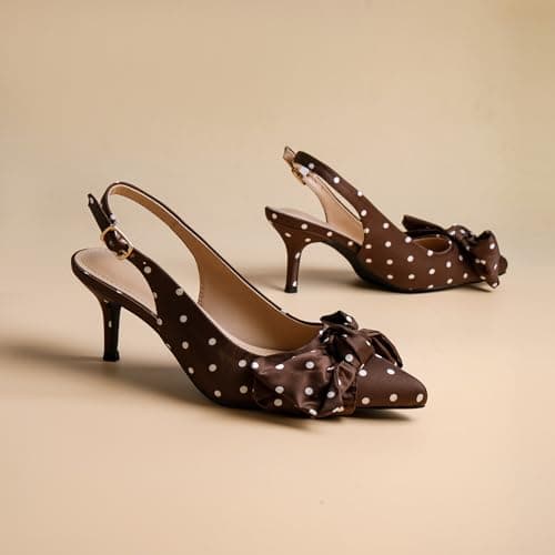 RUSAUISE Polka Dot Heels Kitten Heels Women Closed Pointed Toe Bow Pump Shoes Slingback Dressy Comfortable Low 2 Inch Heel Brown Size 6.5 - Thumbnail 4