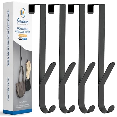 OIM OMIIOMIO Over The Door Double Hanger Hooks, Metal Twin Hooks Organizer for Hanging Coats, Hats, Robes, Towels - Black - Set of 4
