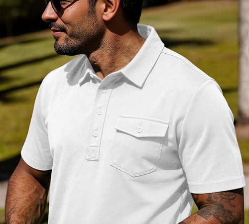 JEMLDL Mens Polo Shirts Short Sleeve Golf Tennis Shirt Quick Dry Collared Casual Work Tops with Pocket 4 Button Placket Tops White XL - Thumbnail 2