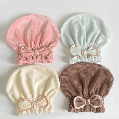 Jseng Microfiber Hair Towel Caps, 3 Packs, Fast Drying, Cute Bowtie Design, Cream, Khaki, Pink, Women & Girls Aged 14 And Above - Thumbnail 4