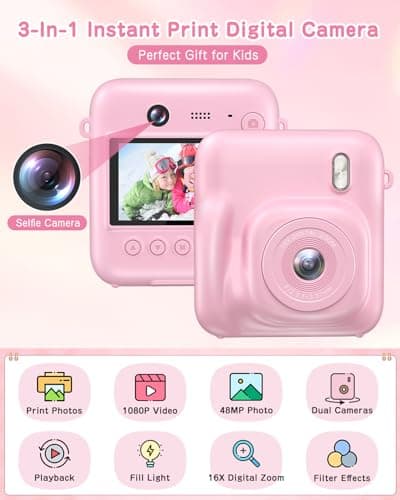 Kids Camera Instant Print, 48MP Selfie Digital Camera for Kids Christmas Birthday Gifts, 1080P Instant Print Cameras with Print Paper, 32GB Card, Toddle Toy for 4 5 6 7 8 9 Year Old Boys Girls-Pink - Thumbnail 2
