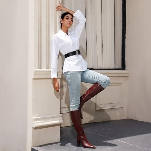 Meolee Knee High Boots for Women Chunky High Heel Long Boots Pointed Toe Leather Boots with Side Zipper - Thumbnail 5