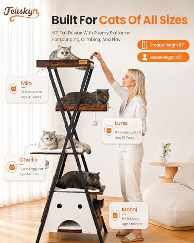 Feliskyn Modern Wood Cat Tree Tower for Indoor Cats Large Adult - 67 Inch Tall Multi-Level Heavy Duty Cat Condo Trees Furniture with Caves Perch Bed Scratching Board -XL Big Wooden Kitty House - Thumbnail 2