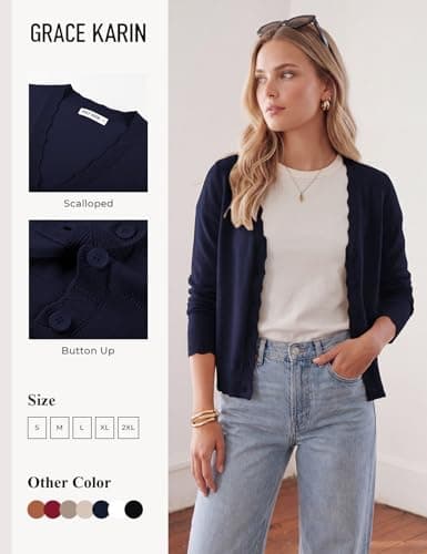 GRACE KARIN Women's Lightweight V Neck Knit Cardigan Sweater, Button Up Dressy Casual Shrugs, Wool Open Front Blazer Navy Blue L - Thumbnail 5