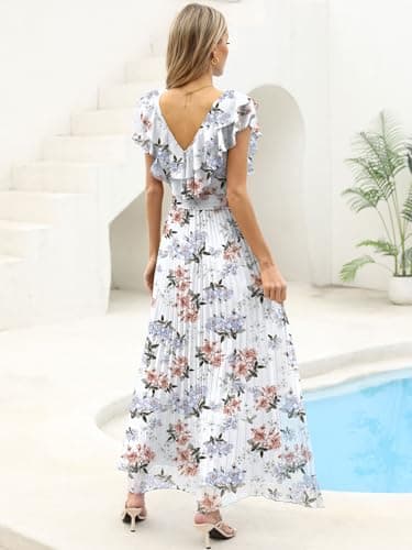 ANRABESS Women V Neck Ruffle Sleeve Floral Pleated Maxi Dresses Summer Boho Belt Empire Waist Wedding Guest Party Flowy Dress Pink Peony White Small - Thumbnail 3