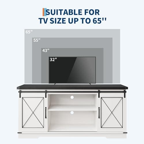 IDEALHOUSE Farmhouse TV Stand for TV up to 65 Inch, Entertainment Center with Sliding Barn Doors and Adjustable Shelves, Mid Century Modern Media Console Table for Living Room, White & Black - Thumbnail 2