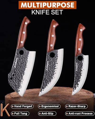 3PCS Hand Forged Butcher Knifes Set Razor Sharp Serbian Chef Knife Meat Cleaver Boning Knife Kitchen Set for Meat Cutting Cooking BBQ Gift for Men Women - Thumbnail 3