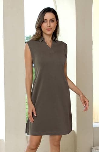BEXIBOOM Travel Dress with Pockets for Women, Casual Summer T Shirt Dress, V Neck Polo Collared Cap Sleeve Knee Length Loose Fit Dress Khaki-2XL - Thumbnail 6
