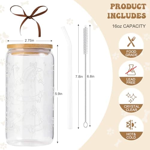 Dachshund Gift for Women, Funny Wiener Dog Gifts Glass Cup with Lid & Straw Coffee & Smoothie Tumbler for Weenie Lovers Dog Owners Pet Moms Wife teens Friend Sister for Mother’s Day Birthday - Thumbnail 5
