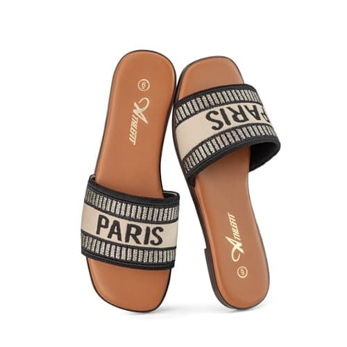 Athlefit Women's Slides Summer Fashion Slip On Flat Sandals Dressy Black Multi Size 6 - Image 1