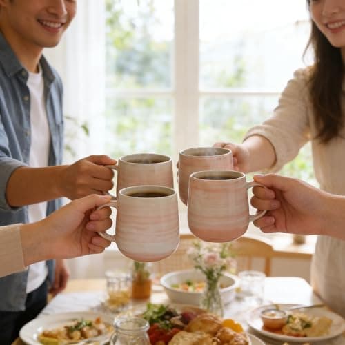 ALOFMO Coffee Mugs, Set of 4, Light Orange Ceramic Coffee Cups with Elegant Texture & Comfortable Handle, 12oz Stoneware Mugs - Dishwasher & Microwave Safe, Design for Home, Office, Cafe - Thumbnail 5