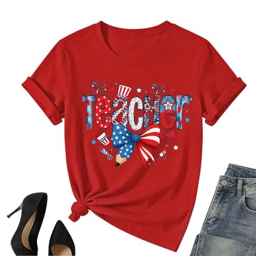 4th of July Teacher Shirt Women-American Bow Patriotic Short Sleeve USA Flag Red White Blue Tee Tops - Image 1