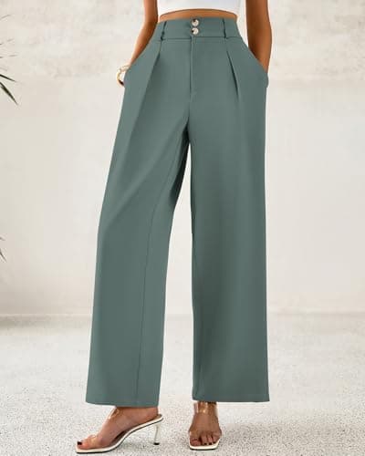 BTFBM Women Wide Leg Dress Pants 2026 High Waisted Button Pleated Business Casual Trousers Office Work Palazzo Pants(Grey Green, Medium) - Thumbnail 4