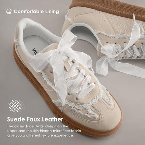 Vilanva Women's Lace Detail Fashion Sneakers Comfortable Casual Dress Sneakers with Retro Gum Sole Walking Trendy Footwear - Thumbnail 4
