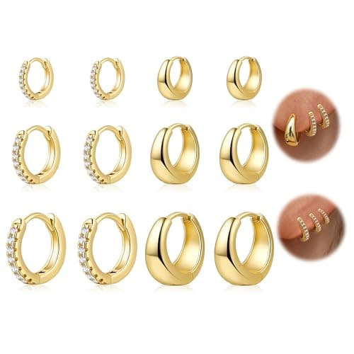 HILXURY 6 Pairs Small Gold Huggie Hoop Earrings for Women, 14K Gold Plated Cartilage Piercings Hoop Earrings Hypoallergenic, Trendy Lightweight Chunky Hoops Set for Women Gifts. (E- Gold) - Image 1