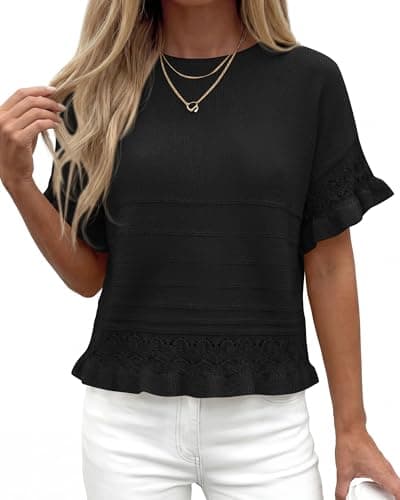 KIRUNDO Short Sleeve Sweater for Women 2026 Spring Summer Tops Crochet Round Neck Ruffled Hem Knit Pullover Casual Blouse(Black, Medium) - Thumbnail 3