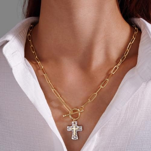 KALOAURA Chunky Cross Necklace for Women, 14K Gold/Silver Plated Statement Paperclip Chain Double Cross Pendant Necklaces Non Tarnish for Faith Religious Christian Jewelry Gifts, Silver - Thumbnail 3