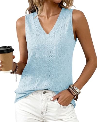 BTFBM Womens Tank Tops 2026 Summer Eyelet Crossed V Neck Sleeveless Casual Loose Flit Basic Spring Top Vacation Outfits(Light Blue, X-Large) - Image 1