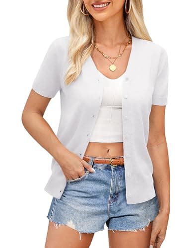 GRACE KARIN White Cardigan for Women Summer Short Sleeve V Neck Sweater Spring Knit Shrug for Dress Women Clothing Outfits(Bright White,S) - Image 1