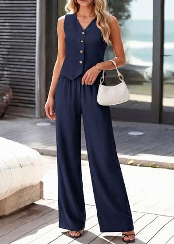 KIRUNDO Business Casual Outfits for Women Vest Tops Pant Suits Dressy 2 Piece Sets Summer Crop Blazer Wide Leg Work Pants(Navy, X-Large) - Thumbnail 3