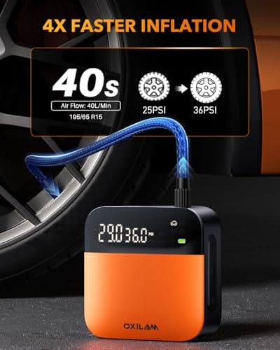 OXILAM C2 Tire Inflator Portable Air Compressor - 150PSI 4X Faster Air Pump for Car Tires with Tire Pressure Gauge, 12V Car Power Adapter, For Cars, Motorcycles, Bikes, Balls and More - Thumbnail 2