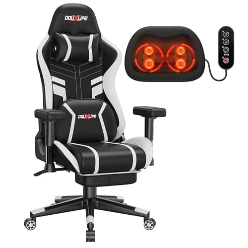 Douxlife 3D Kneading Massage Gaming Chair with Footrest, 400lbs Heavy Duty PC Computer Desk Chair for Adults, Adjustable 2D Armrests, Ergonomic 175° Recline & Optional Heat, Black&White