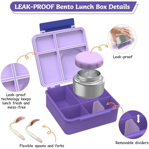 Bento Lunch Box Set for Kids with 8oz Soup Thermo, Leak-Proof Lunch Containers with 4 Compartment, Thermo Hot Insulated Food Jar and Foldable Fork Spoon for Kids to School (Pale Purple) - Thumbnail 3