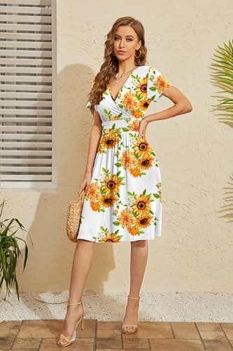 WEACZZY Summer Dress for Women Casual Short Sleeve Sundress Wrap V-Neck Party Dress with Pockets,Floral Sunflower White,3XL - Thumbnail 3