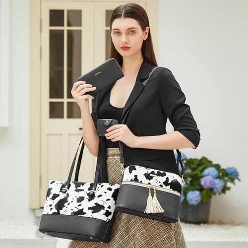Women Fashion Handbags Wallet Tote Bag Shoulder Bag Top Handle Satchel Cow Print Purse Set 4pcs - Thumbnail 3