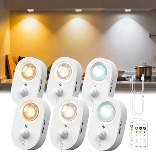 LOHAS 6-Pack Rechargeable Motion Sensor LED Puck Lights, Stick-On Wireless Magnetic Night Lights with Remote, Adjustable Brightness, Dimmable Under Counter Lights for Drawer, Kitchen, Bedroom, White - Image 1