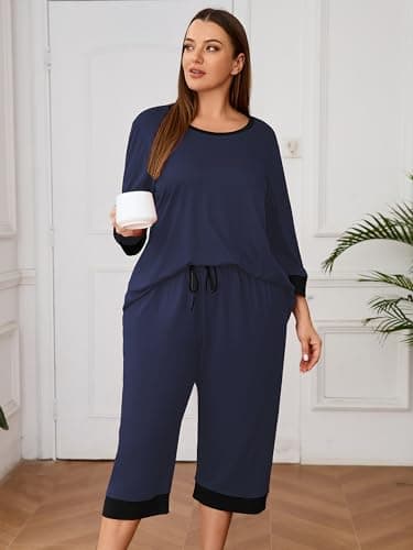 AusLook Women’s Plus Size Pajama Sets Navy Blue 3X Soft 3/4 Sleeve Nightwear Top and Capri Pants Lounge Set with Pockets - Thumbnail 3