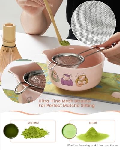 Matcha Whisk Tea Set Kit Japanese Matcha Kit - Matcha Bowl, Matcha Whisk and Holder, Bamboo Scoop, Scoop Rest, Sifter and Tea Towel - for Tea Ceremony Breakfast Lattes - Home Kitchen Christmas(Pink) - Thumbnail 5