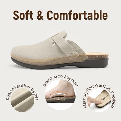 Athlefit Womens Casual Clogs Soft Cork Footbed Mules for Women with Arch Support Adjustable Buckle Slip On Shoes for Home Wear Travel Work Teachers Beige 7.5 - Thumbnail 5