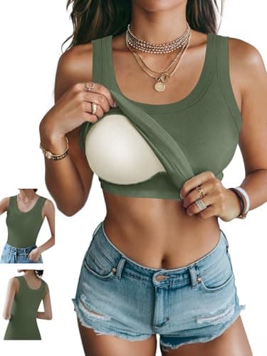 Ninee Tank Top for Women with Built in Bra Summer Camisole Slim Fit Tops Ribbed Scoop Neck Wide Strap Camis Tanks (Army Green,X-Large) - Image 1