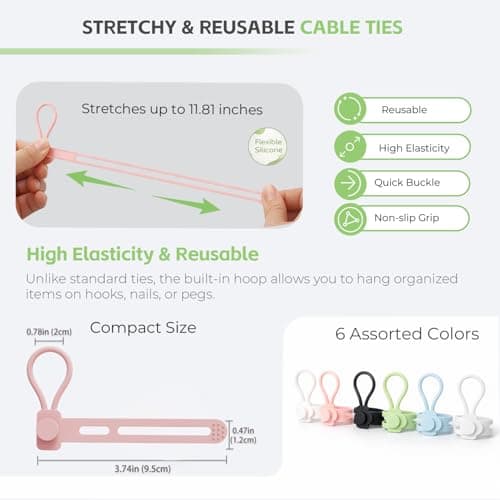 6 PCS Silicone Cable Ties - Reusable Cord Organizer with Hanging Loop, Adjustable Organizer Straps for Cords, Tools, Charger Cable, Kitchen Accessories, Home Office - Thumbnail 5