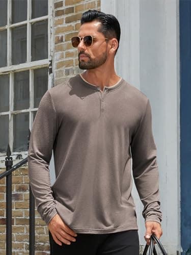 Hardaddy Men's Long Sleeve Henley Shirts Casual Color Block Henley Button T-Shirt Tops Brown XXL - Thumbnail 2