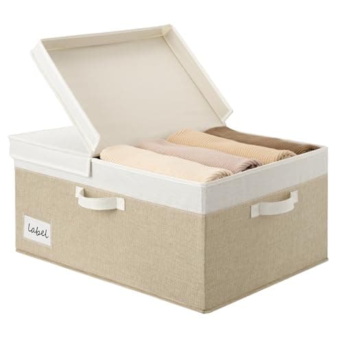 GRANNY SAYS Decorative Storage Boxes with Lid, Large Storage Bins with Label, 63L Fabric Storage Bin for Clothes, Toy Storage Chest, Memory Keepsake Box, White/Khaki - Image 1