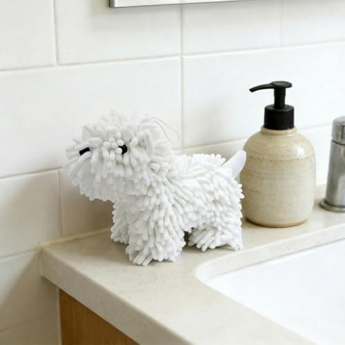 Cute Dog Chenille Hand Towel, 3D Puppy Hangable Fuzzy Ball Hand Towel Microfiber Super Soft Absorbent Bathroom & Kitchen Towels with Hanging Loop, Can Be Placed on the Sink Countertop (White & Pink) - Thumbnail 2
