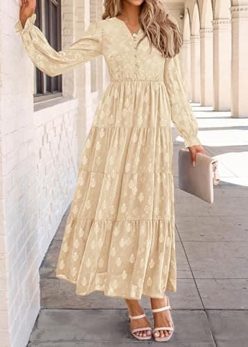 KIRUNDO Spring Wedding Guest Dresses for Women 2026 Maxi Floral Long Sleeve Elegant Ruffle Tiered Flowy Party Long Dress(Beige, Small) - Thumbnail 3