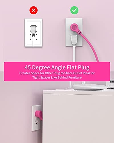 Pink Extension Cord 25ft, NTONPOWER Flat Plug Power Strip with Long Extension Cord, 3 Outlet 2 USB Compact Desktop Charging Station Wall Mount for TV Living Room, Dorm, Office and Nightstand - Thumbnail 5